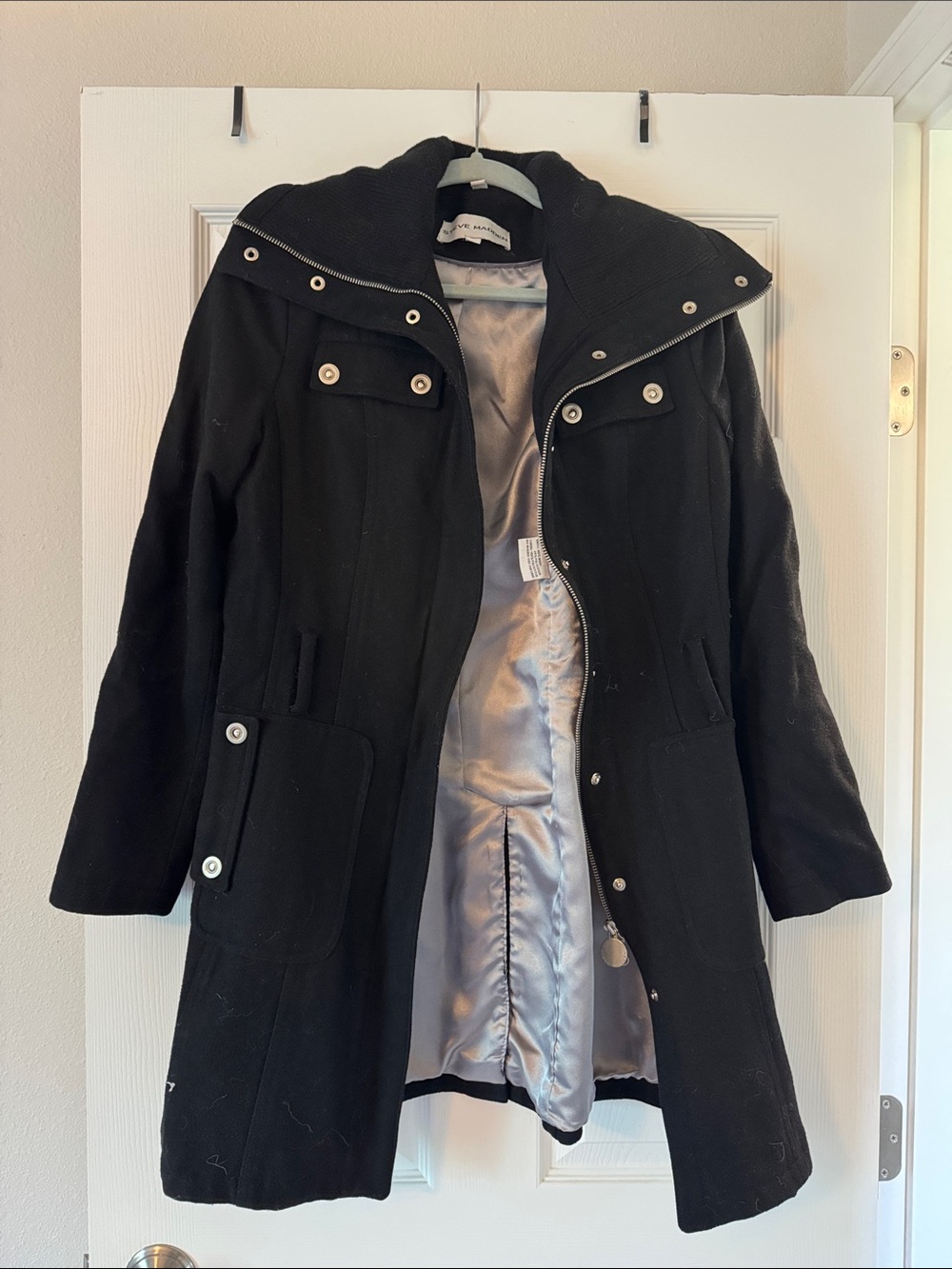 Steve Madden Black Hooded Trench Coat with Silver Lining